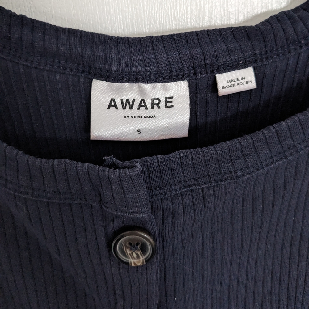 Navy Blue Ribbed Button-Up Women's Top - Picture 5 of 5